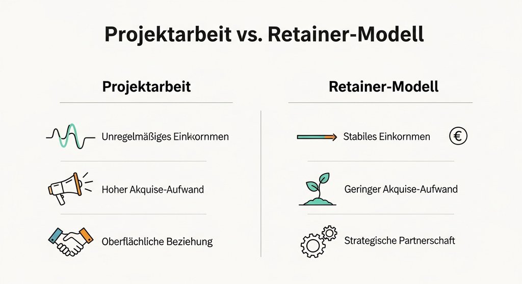 Infografik, die die Vorteile eines Retainer-Modells gegenüber klassischer Projektarbeit für Agenturen vergleicht.