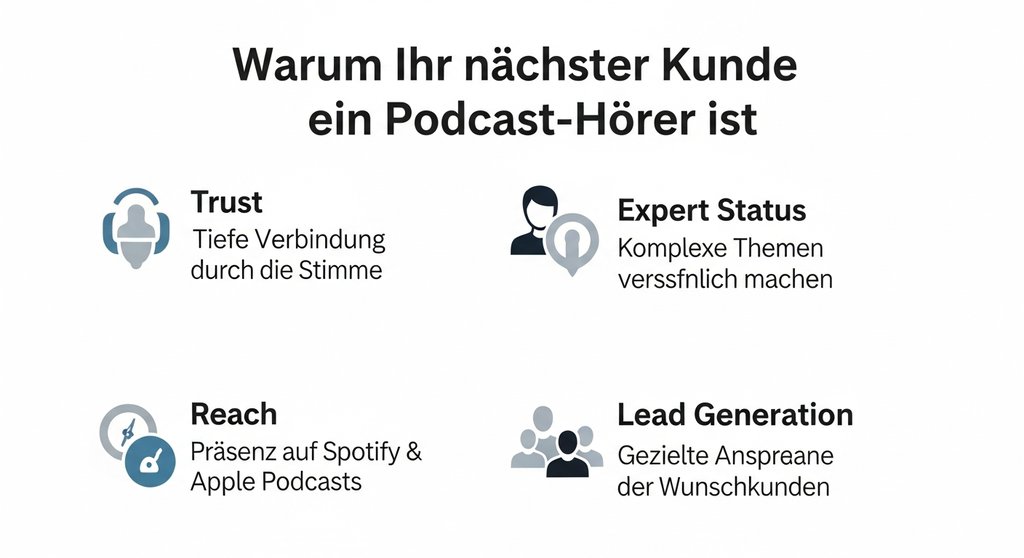 Infografik, die die Vorteile von Podcasts für Unternehmen zeigt: Vertrauen, Expertenstatus, Reichweite und Lead-Generierung.