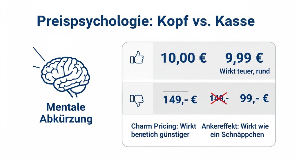 Infografik, die psychologische Preisstrategien wie Charm Pricing und den Ankereffekt vergleicht.
