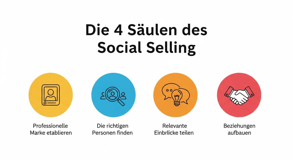 Infografik: Die vier Säulen des Social Selling – Marke etablieren, Personen finden, Einblicke teilen, Beziehungen aufbauen.