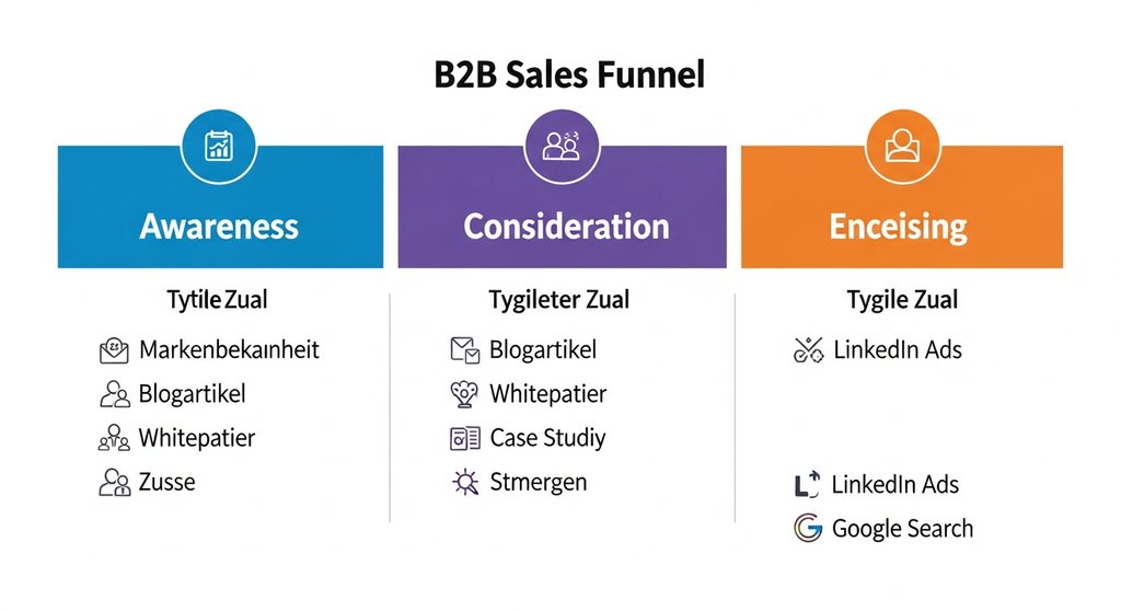 Infografik eines B2B Sales Funnels mit Zielen, Content und Kanälen für jede Phase.