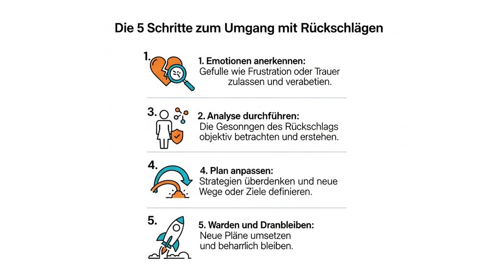 Infografik mit 5 Schritten, wie man professionell mit Rückschlägen umgeht.
