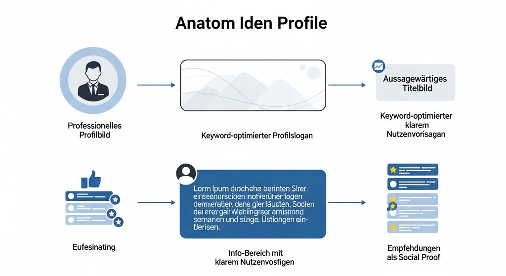 Infografik mit den wichtigsten Elementen eines optimierten LinkedIn-Profils für die Akquise.