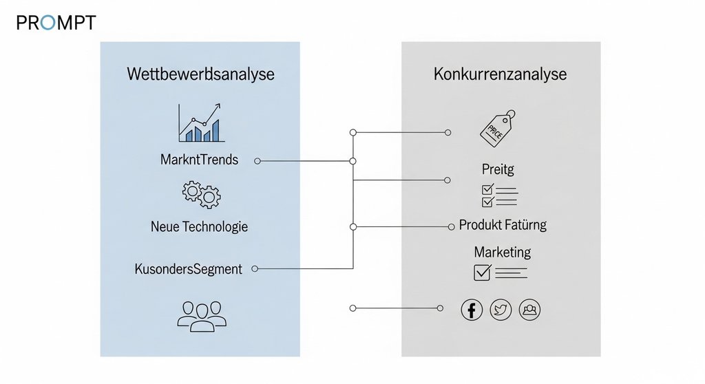 Infografik: Unterschied zwischen Wettbewerbsanalyse (Marktumfeld) und Konkurrenzanalyse (direkte Mitbewerber).