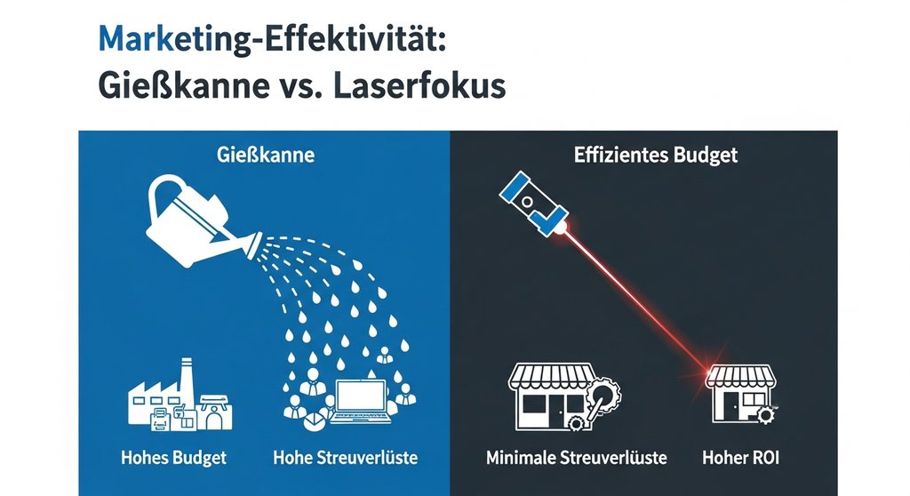 Infografik vergleicht das Gießkannenprinzip mit dem Laserfokus im B2B-Marketing, um die Wichtigkeit der Zielgruppenanalyse zu zeigen.