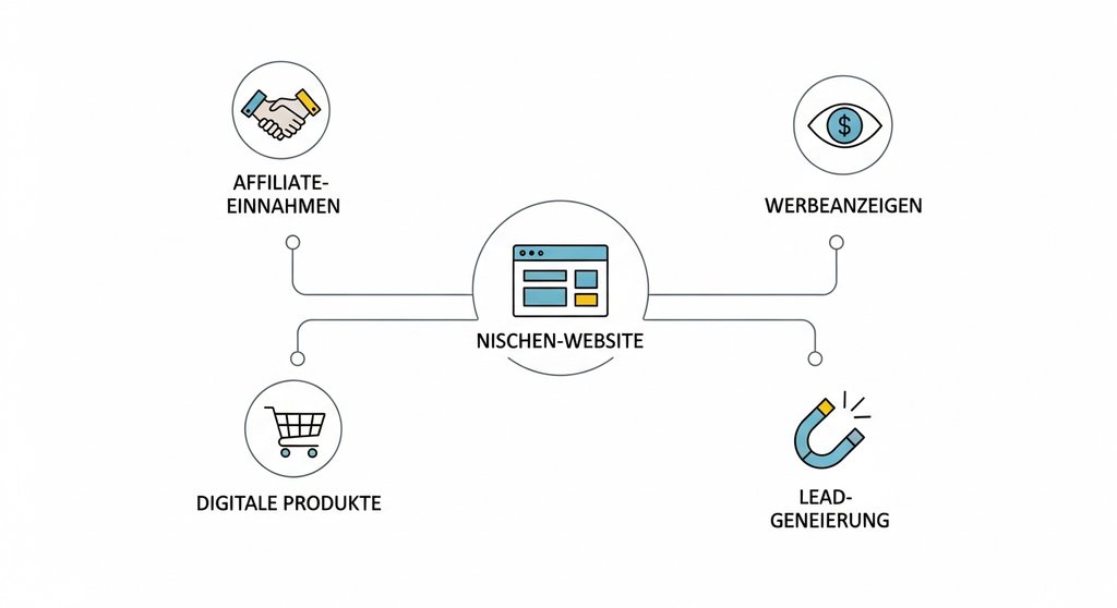 Infografik zeigt die vier Monetarisierungswege einer Nischen-Website für passives Einkommen.