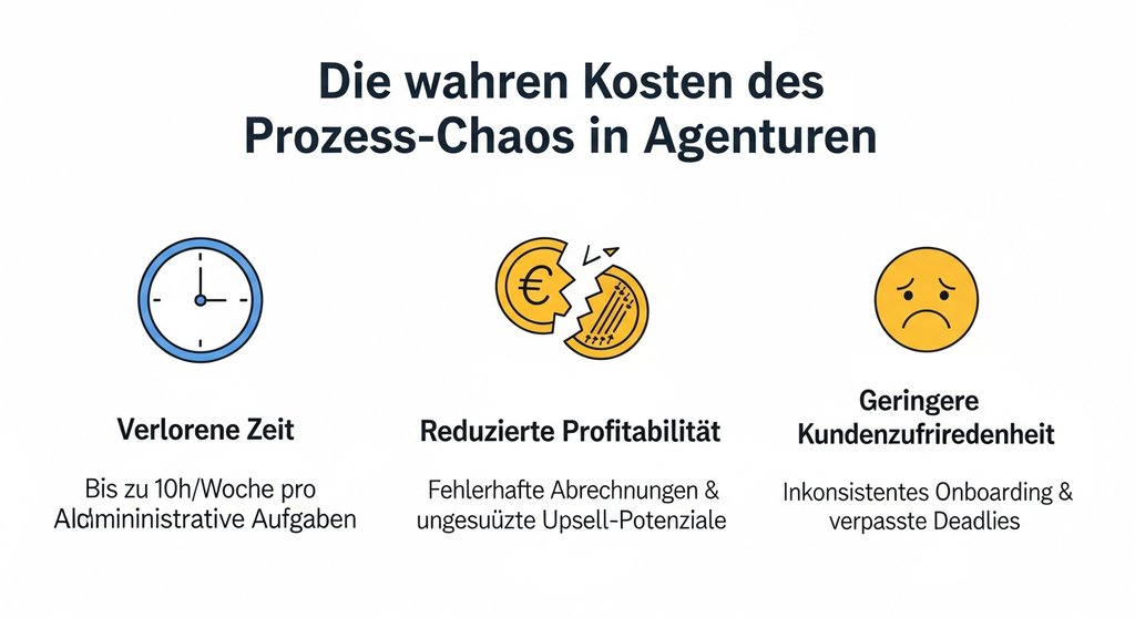Infografik zu den Kosten von ineffizienten Agentur Prozessen wie Zeitverlust, geringere Profitabilität und Kundenzufriedenheit.