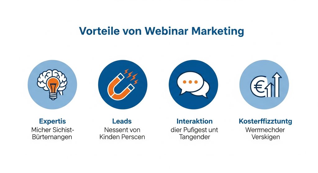 Infografik zu den Vorteilen von Webinar Marketing: Expertise, Lead-Generierung, Interaktion und Kosteneffizienz.