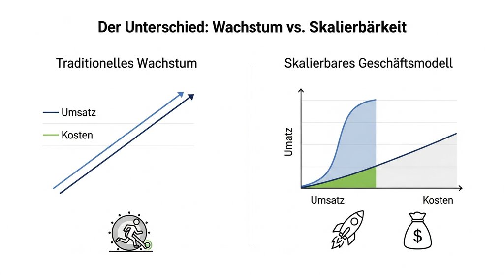 Infografik zum Unterschied zwischen traditionellem Wachstum und einem skalierbaren Geschäftsmodell mit Umsatz- und Kostenkurven.