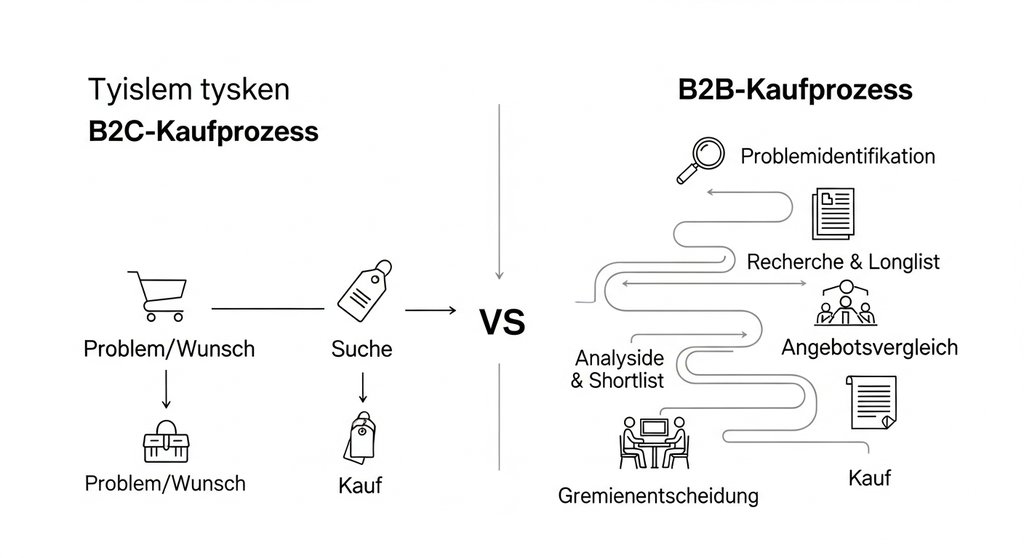 Infografik zum Vergleich des Kaufprozesses in B2B und B2C für Google Ads.