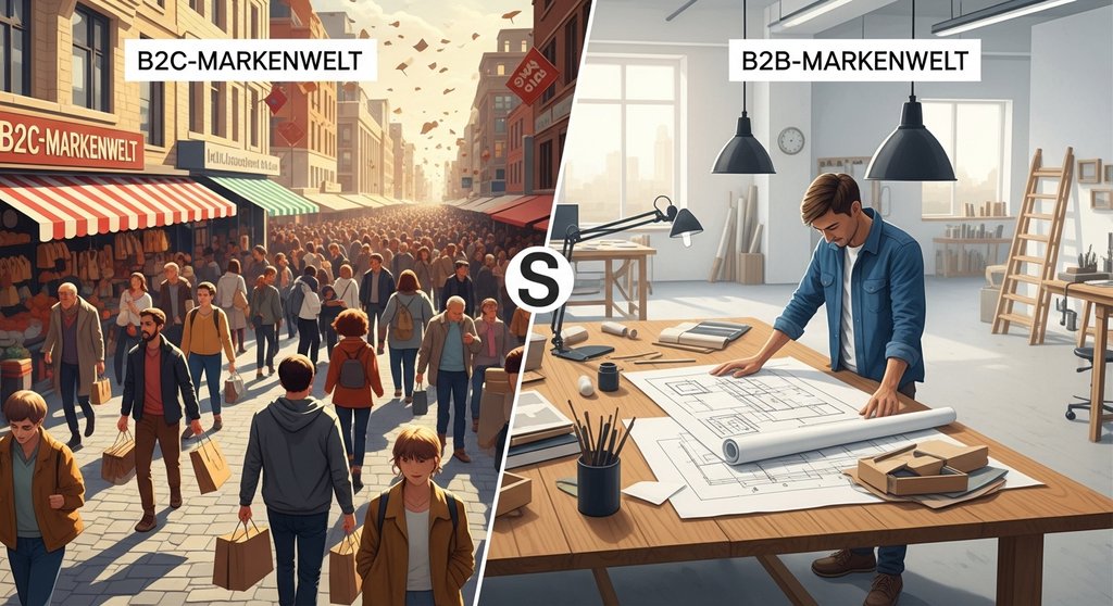 Infografik zum Vergleich von B2B- und B2C-Markenführung mit Markt und Architektenbüro.