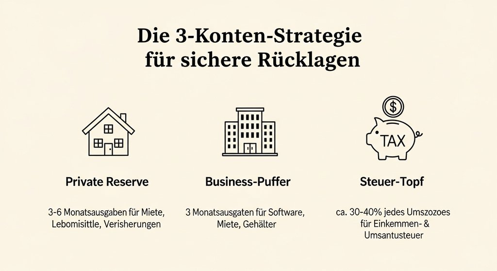 Infografik zur 3-Konten-Strategie für die Bildung finanzieller Rücklagen als Selbstständiger.