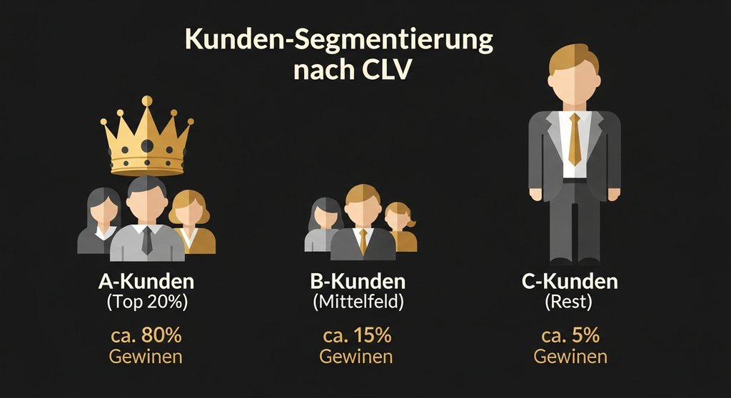 Infografik zur ABC-Kundensegmentierung basierend auf dem Customer Lifetime Value und dem Pareto-Prinzip.