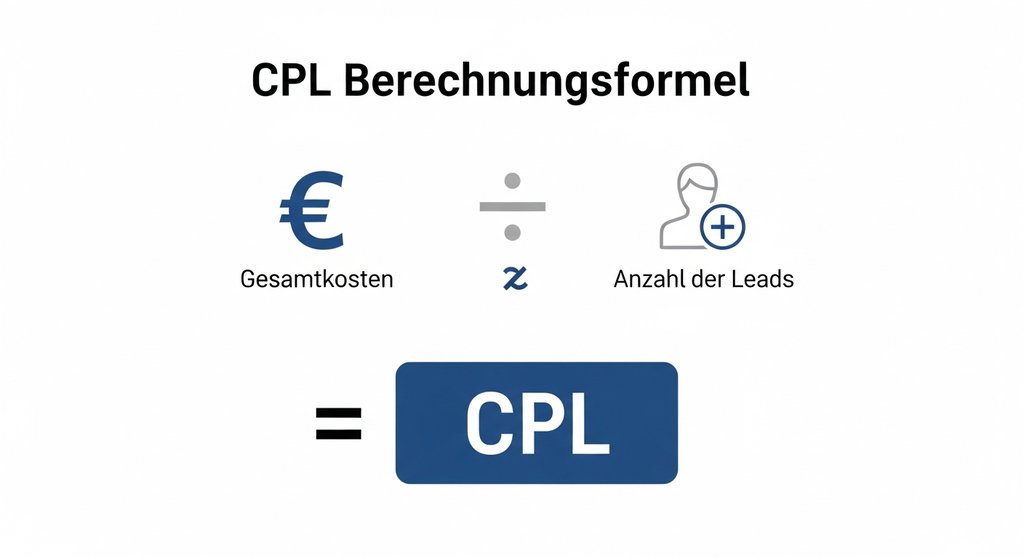 Infografik zur Berechnung des Cost per Lead (CPL) mit der Formel Gesamtkosten geteilt durch Anzahl der Leads.
