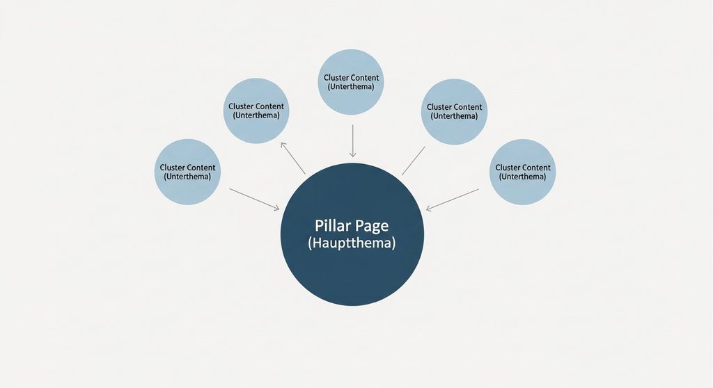 Infografik zur Erklärung des Pillar-Page-Modells mit einem Hauptthema im Zentrum und darum angeordneten Cluster-Content-Seiten.
