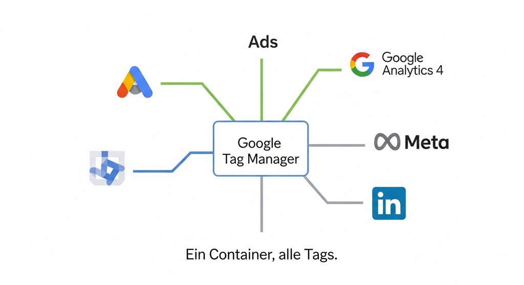 Infografik zur Funktionsweise des Google Tag Managers als zentraler Container für Tracking-Tags.