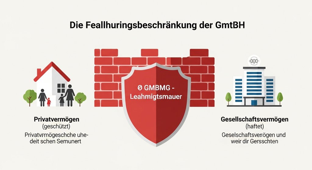 Infografik zur Haftungsbeschränkung der GmbH, die die Trennung von Privatvermögen und Gesellschaftsvermögen zeigt.