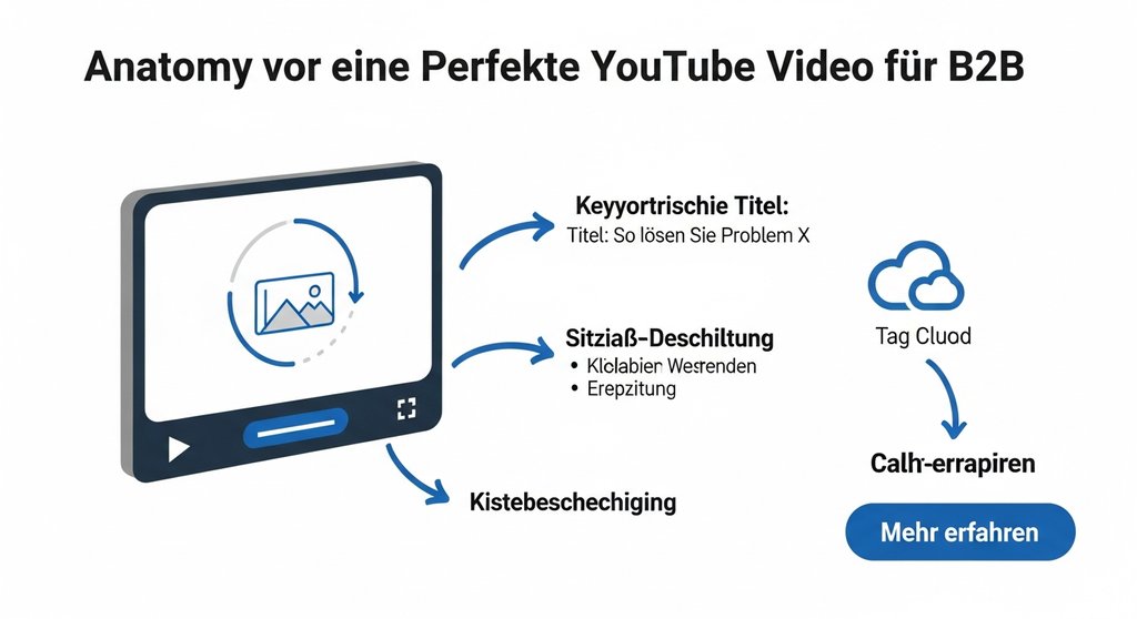 Infografik zur Optimierung von B2B-YouTube-Videos mit Titel, Thumbnail, Beschreibung und Tags.