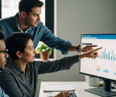 LinkedIn Ads Leitfaden für Agenturen und Freelancer zur erfolgreichen Kampagnenerstellung. Editorial style photography, Medium Shot of a diverse team of three marketing professionals in a modern, stylish agency office with soft, natural light. They are collaborating around a large monitor displaying LinkedIn campaign analytics. One person is pointing at the screen, sparking a discussion. The mood is focused and collaborative, not overly corporate. Focus on authentic expressions and interaction. Shot on 35mm camera, Kodak Portra 400 style, muted tones, depth of field with a slightly blurred background, visible skin texture. →