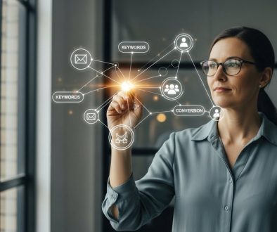 Marketing-Expertin plant eine Strategie für B2B-Anzeigentexte an einer digitalen Glaswand.