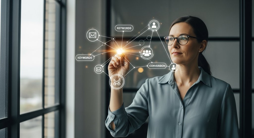 Marketing-Expertin plant eine Strategie für B2B-Anzeigentexte an einer digitalen Glaswand.