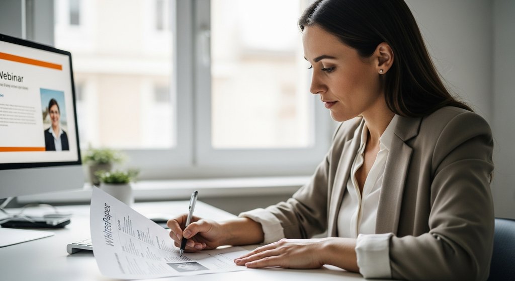 Marketing-Expertin prüft ein Whitepaper für die MOFU-Phase des B2B Funnels.