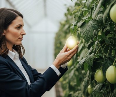 Marketing-Expertin wählt symbolisch einen qualifizierten B2B-Lead in Form einer leuchtenden Frucht aus.