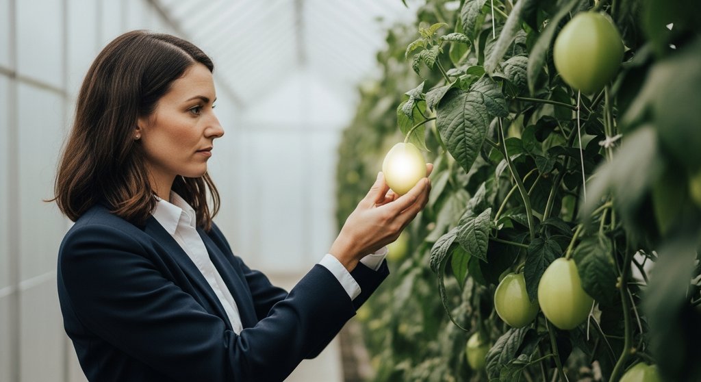 Marketing-Expertin wählt symbolisch einen qualifizierten B2B-Lead in Form einer leuchtenden Frucht aus.