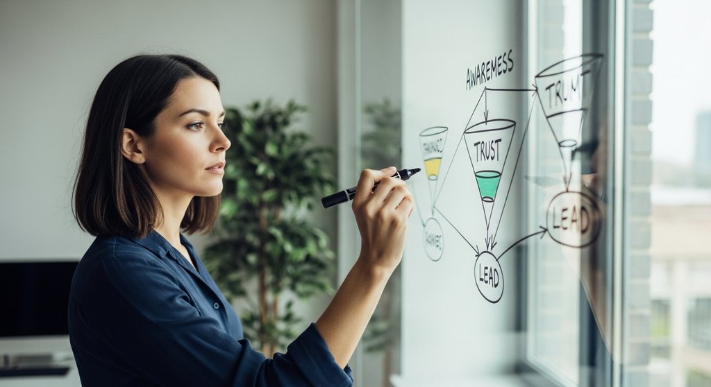 Marketing-Strategin zeichnet einen Sales Funnel auf ein Whiteboard zur Lead-Generierung.