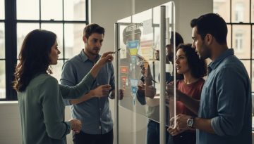 Marketing-Team plant einen B2B Marketing Funnel auf einem digitalen Whiteboard.