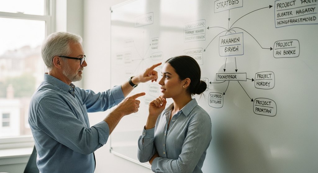 Mentor erklärt einem neuen Mitarbeiter während der Onboarding-Integration strategische Zusammenhänge an einem Whiteboard.