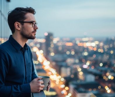 Nachdenklicher selbstständiger Unternehmer blickt über eine Stadt und sinniert über die Einsamkeit in der Selbstständigkeit.