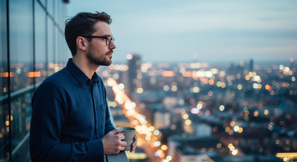 Nachdenklicher selbstständiger Unternehmer blickt über eine Stadt und sinniert über die Einsamkeit in der Selbstständigkeit.