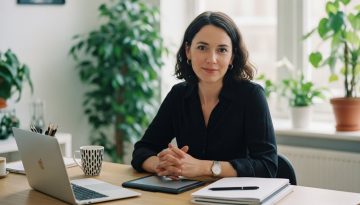 Selbstständige Frau sitzt souverän an ihrem Schreibtisch und nutzt Steuertipps.