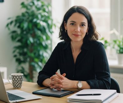 Selbstständige Frau sitzt souverän an ihrem Schreibtisch und nutzt Steuertipps.