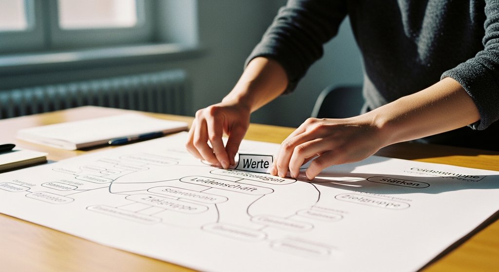 Strategische Planung der eigenen Personenmarke mit einer Mindmap zu Werten und Stärken.