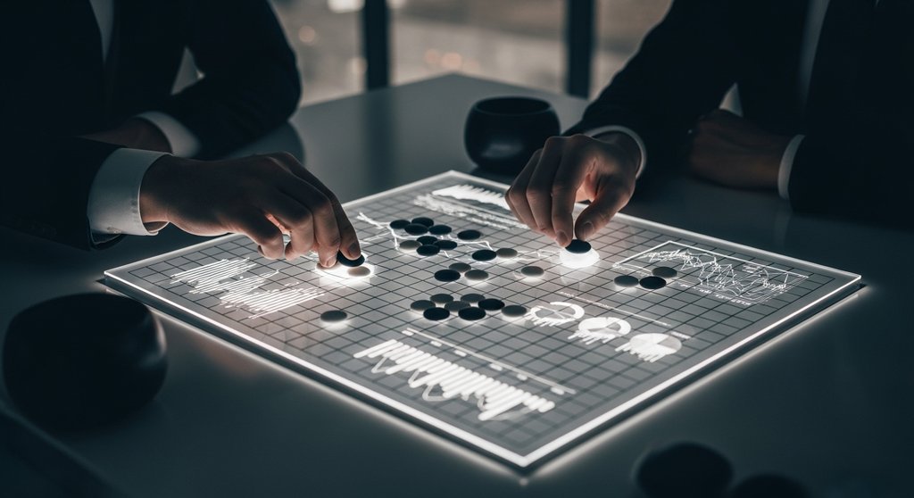 Strategische Züge auf einem leuchtenden Spielbrett als Metapher für Wettbewerbsanalyse.