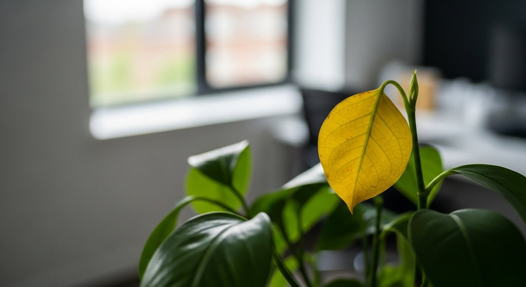 Symbolbild für Abwanderungsrisiko: Ein einzelnes gelbes Blatt an einer grünen Pflanze als Warnsignal.