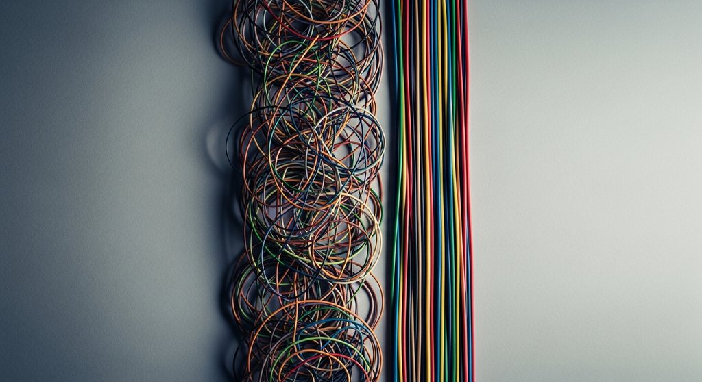 Symbolbild für einen Redaktionsplan: von chaotischen Kabeln zu geordneten Bahnen.