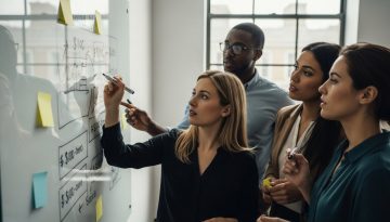 Team einer Agentur entwickelt professionelle Preisstrategien für Dienstleistungen an einem Whiteboard.