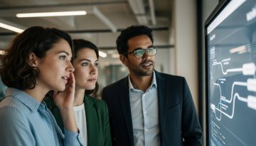 Team in einer modernen Agentur betrachtet einen optimierten digitalen Workflow-Prozess auf einem Bildschirm.