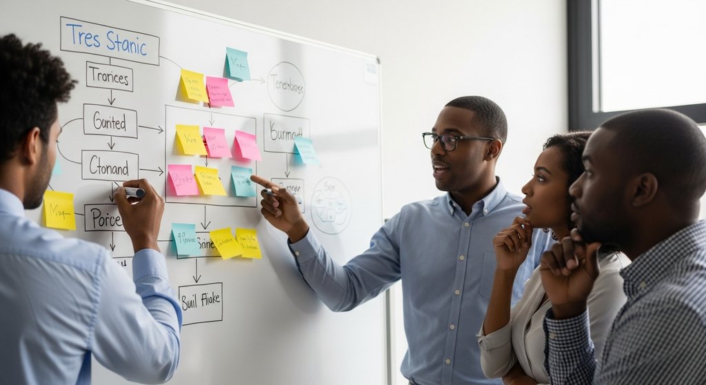 Team von Freelancern bei der kollaborativen Arbeit an einem Whiteboard.