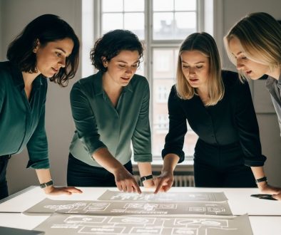 Team von Marketingstrategen entwickelt eine B2B-Markenstrategie auf einem Leuchttisch.