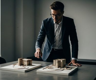 Unternehmer trifft eine strategische Entscheidung zwischen zwei Modellen in einem modernen Büro.