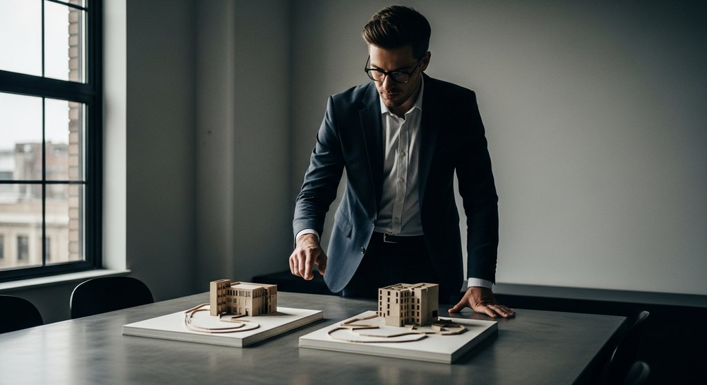 Unternehmer trifft eine strategische Entscheidung zwischen zwei Modellen in einem modernen Büro.