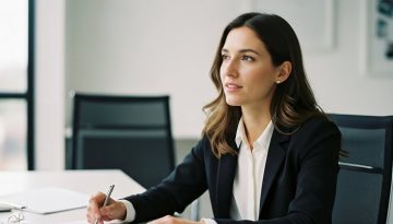 Unternehmerin plant die Einstellung ihres ersten Mitarbeiters und blickt auf einen leeren Stuhl.