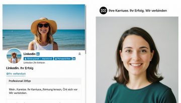 Vergleich eines unprofessionellen mit einem professionellen LinkedIn Profilbild und Titelbild.