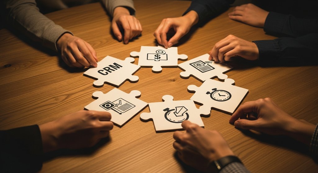 Verschiedene Hände fügen Puzzleteile mit Business-Icons zusammen, was die All-in-One-Lösung einer ERP-Software symbolisiert.