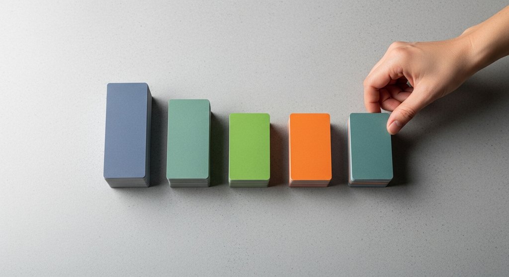 Verschiedenfarbige Kartenstapel symbolisieren die strategische Segmentierung von Zielgruppen im B2B-Retargeting.