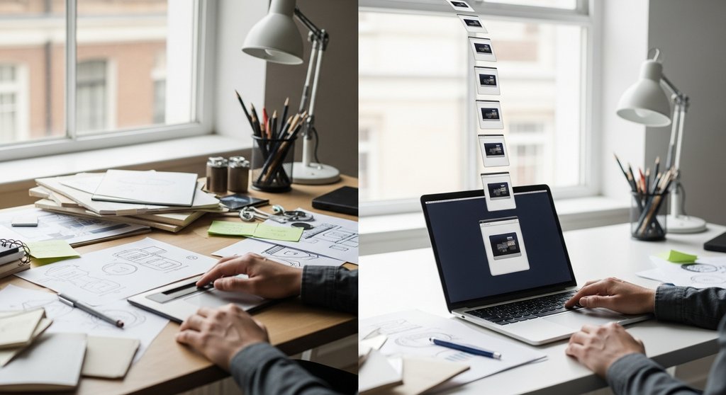 Visueller Vergleich zwischen chaotischer Einzelarbeit und einem skalierbaren, digitalen Produktsystem.